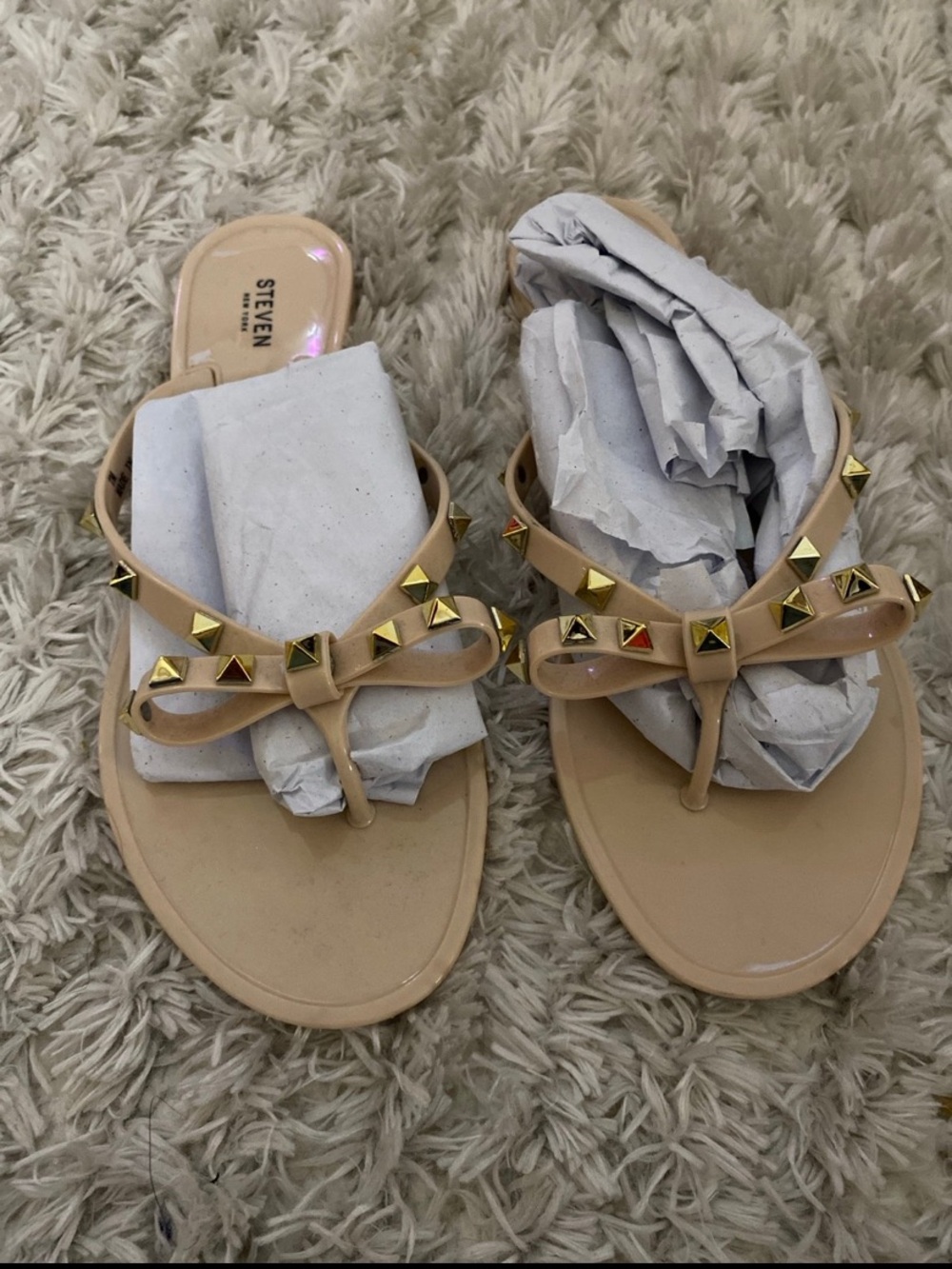 Nude Patent Bow Sandals with Gold Studs